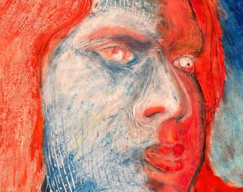 A watercolor painting of a man's angry face with vivid colors of red and blue