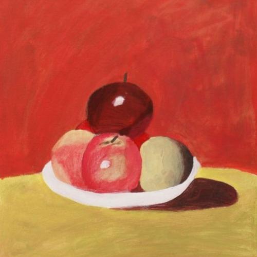 a painting of red and yellow apples in a white bowl against a red and yellow background