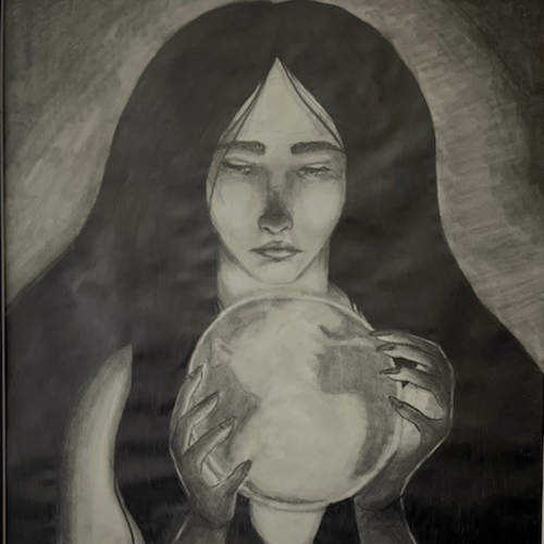 Pencil drawing of a young woman holding the world in her hands