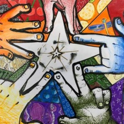 Colorful picture of five hands holding onto a star