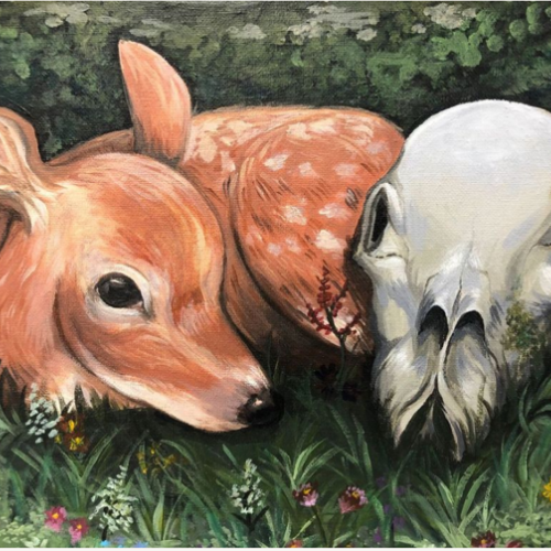 An acrylic painting of a small deer nestled next to a skull