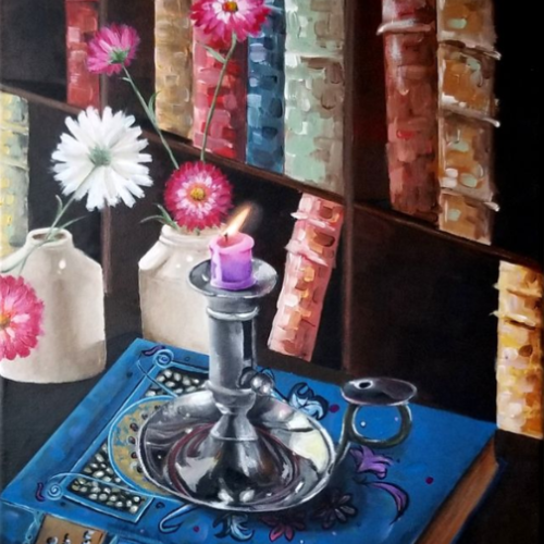 Acrylic painting of a candle on a book with flowers and a bookshelf in the background. 