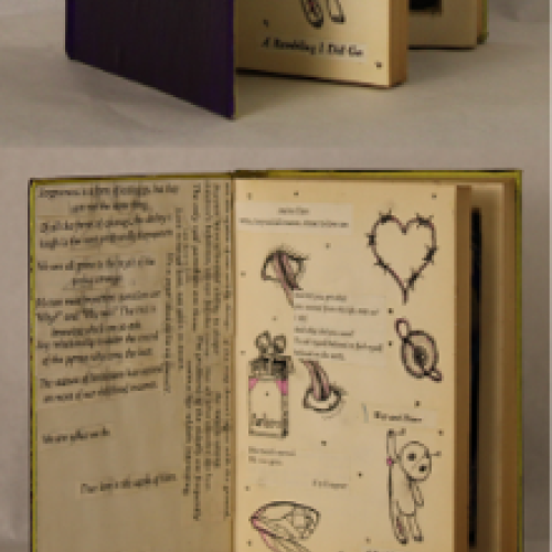 a cut out book with quotes, drawings, and pictures. 