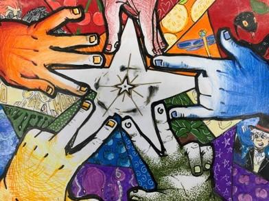 Colorful picture of five hands holding onto a star