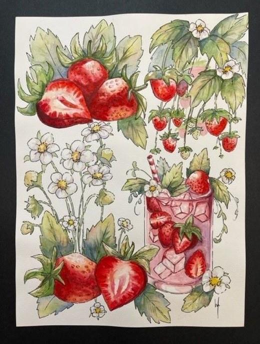 Watercolor painting of strawberries in different growing stages