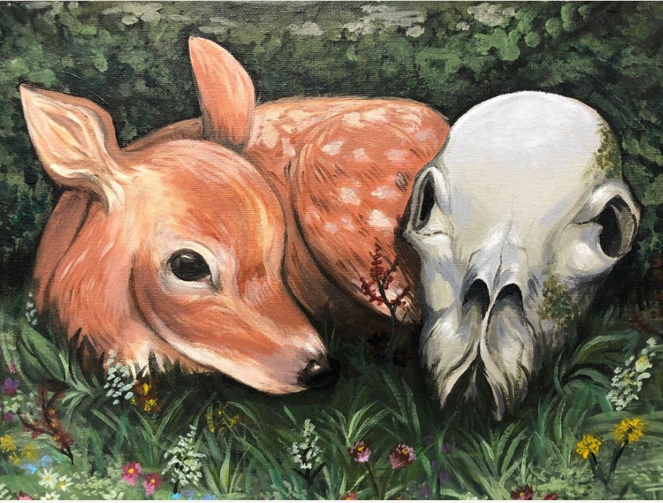 An acrylic painting of a small deer nestled next to a skull