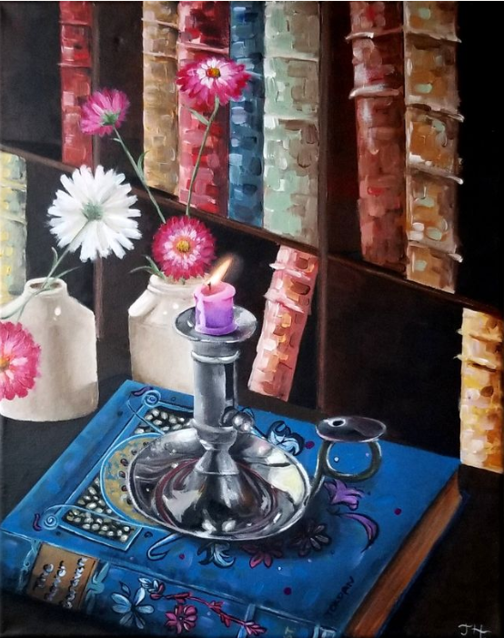 Acrylic painting of a candle on a book with flowers and a bookshelf in the background. 