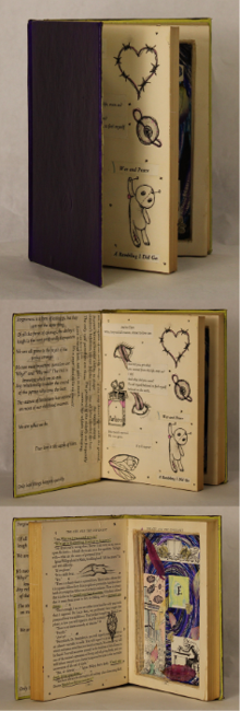 a cut out book with quotes, drawings, and pictures. 