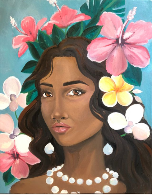 painting of a Samoan Hawaiian woman's face with flowers